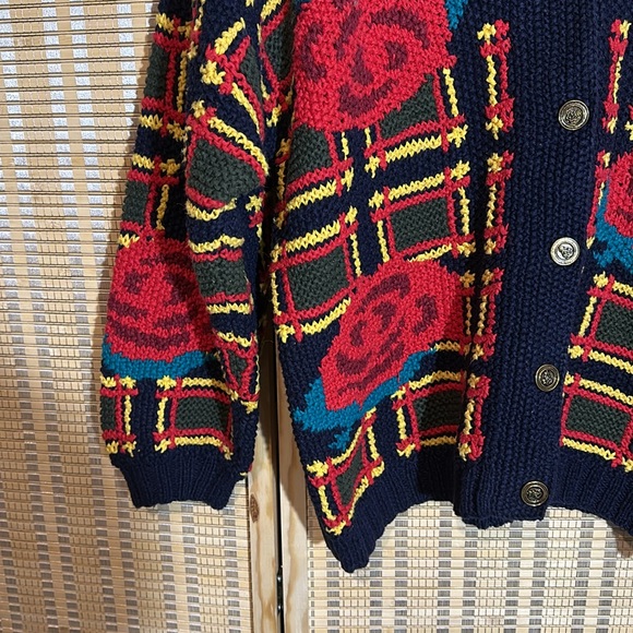 Vintage 1990s Black Chunky Knit Cardigan Square Large Floral Print Roses No Tags - Picture 6 of 16